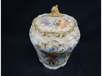 Vintage Ceramic Biscuit Jar With Gold Lining And Floral Decorative