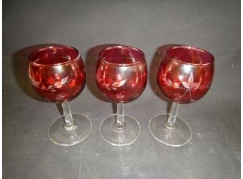 Set Of Three Vintage Red Glass Wine Glasses With Floral Design