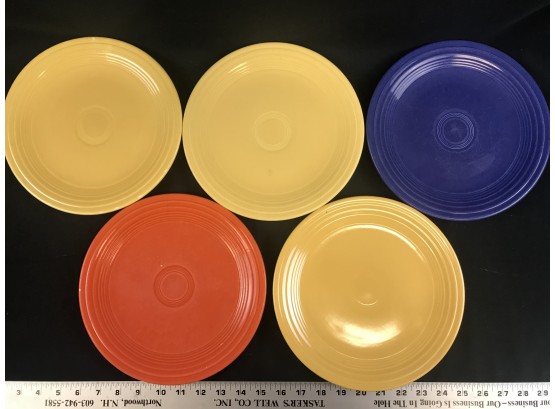 5 Vintage Fiesta 9 1/2 Inch Plates.  Colbalt Blue, Yellow, Orange