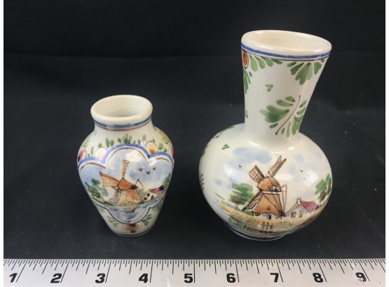 2 Miniature Small Delft Bud Tulip Vase Windmill Floral Color Porcelain 5” & 3.5”