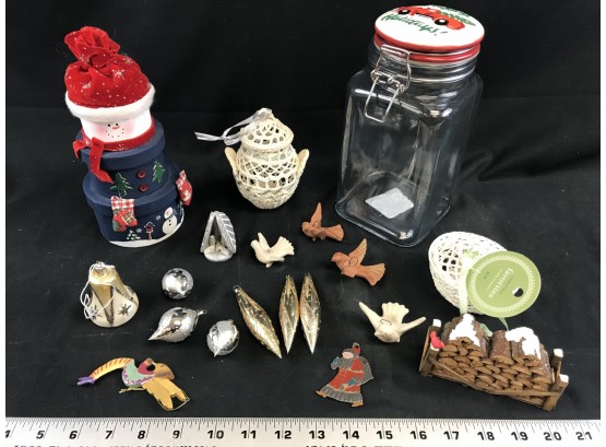Assorted Holiday Items, Mason Jar, Tree Decorations, Glass Balls