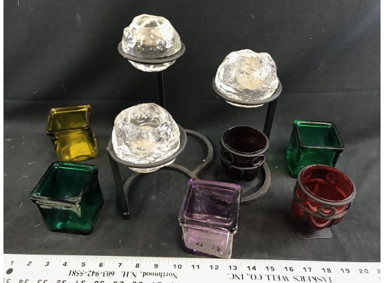 Lot Of Glass Colored Candle Holders, Metal Stand, Frosted Glass Candle Holders