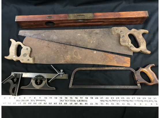 Antique Tool Lot, Stanley Wood Brass Level, Three Hand Saws, Disston, Brown And Sharpe Ruler And Attachments