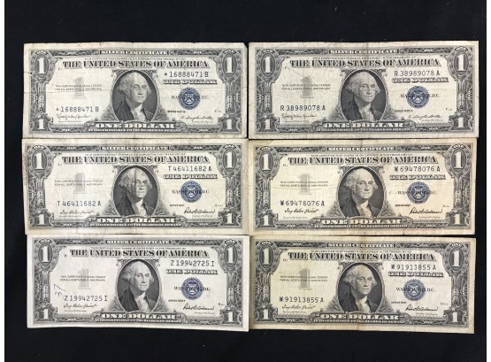 6 One Dollar Silver Certificates, 1957, 💴 $1