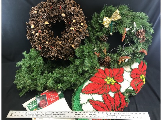 Christmas Decoration Lot, Two Wreaths, Tree Rug, Garland, Tree Bags
