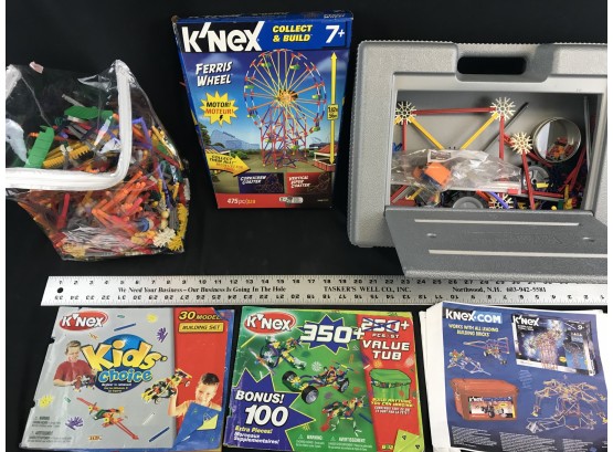 Large Lot Of K’NEX Pieces, Bag, Plastic Case, Ferris Wheel With Direction Booklets