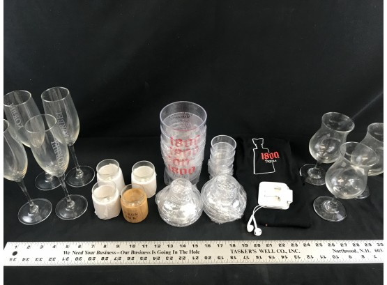 Lot Of Glasses, Shot Glasses, Plastic Drink Mixers, Black T-shirt, IPhone Wired Earbuds