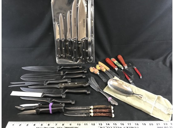 Large Lot Of Knives, SP Glass Handled Serving Spoon, Cheese And Spread Knives, Bone Handled Knives