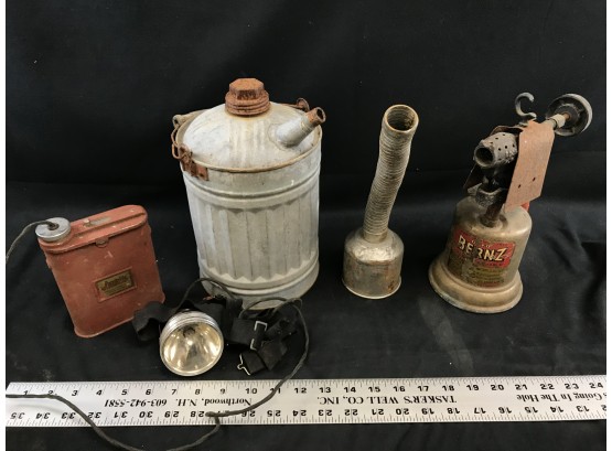 Assorted Vintage Tools, Blow Torch, Justrite Headlamp, Metal Funnel, Small Metal Fuel Can