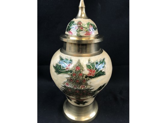 Brass Enameled Holiday Theme Container Approximately 9 Inches Tall