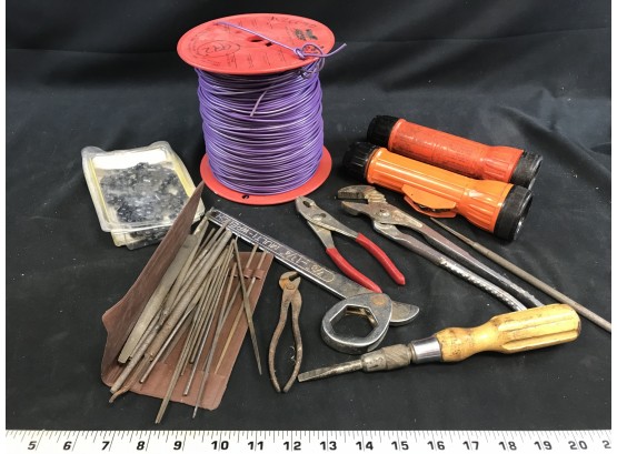 Assorted Tools, Wire Spool, Flashlights, Chain