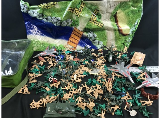 Large Lot Of Army Men, Tanks, Helicopter, Planes, Plastic Playing Sheet