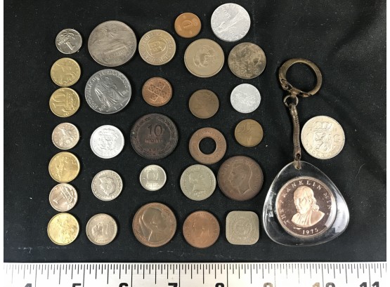 Vintage Various Foreign Coin Lot, 1958 Netherlands Coin Is Silver Next To Franklin Keychain, See Pics