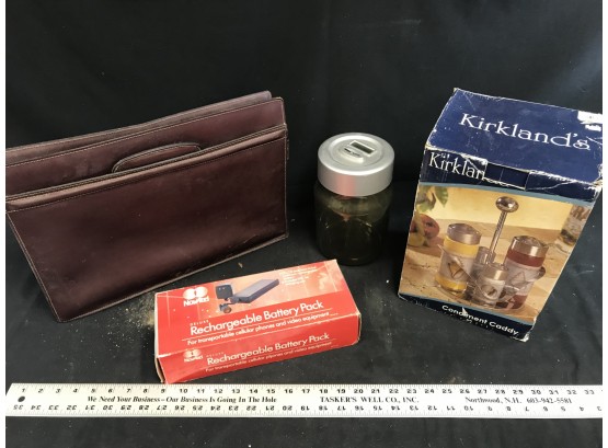 Lot Of Items, Kirkland Kitchen Caddy New, Battery Charger Untested, Used Leather Bag, Coin Storage Tank