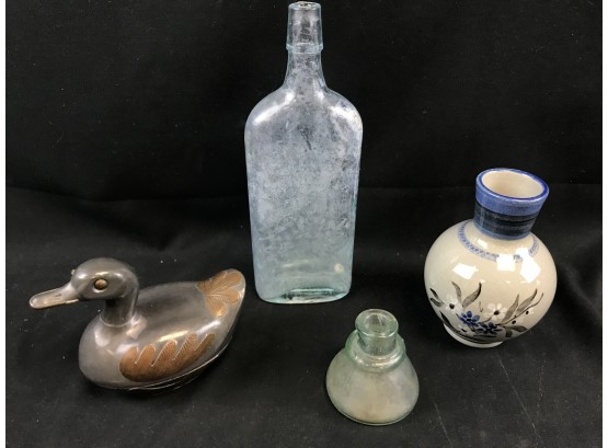 Pewter Duck, Old Flask Bottle, Glass Inkwell, Vase Made In Denmark