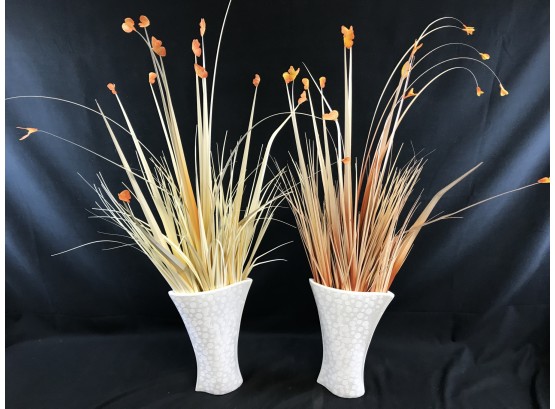 2 Decorative Ceramic Containers With Wood Reeds And Butterflies On Top, Approx 36” Tall
