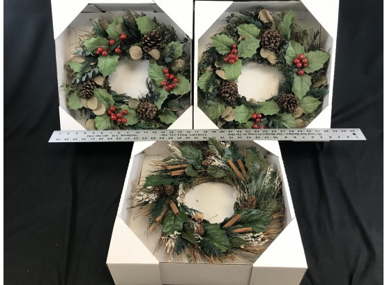 3 New 16” Christmas Holiday Wreaths In Boxes
