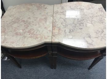 2  Side Tables,, Mahogany Wood With Marble Top,nice Inlays,  Possibly Weiman