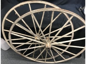 Old Wagon Wheels, Horse Hitch, And Blinders. Wagon Wheels Almost 4 Feet In Diameter