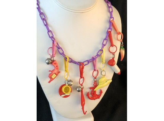1980's Plastic Chain Necklace With 7 Clip On Charms