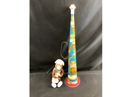 Vintage Toy Monkey And Ole King Cole Tin Litho Horn