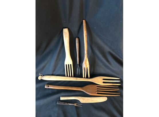 Assorted Primitive Forks & Knife Mostly Wooden