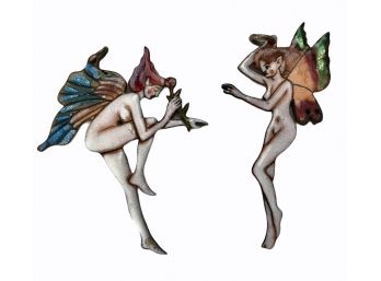 2 Enamel Fairy Pendants Marked RP