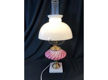 Vintage Cranberry Swirl Electric Lamp With White Shade
