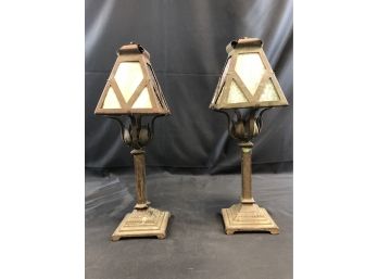 Vintage Metal Candle Holders With Slag Glass And Metal Shades