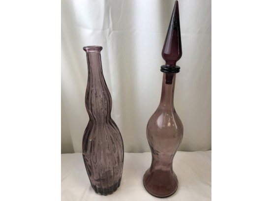 2 Amethyst Glass Decanters One With Stopper 15 To 17 Tall