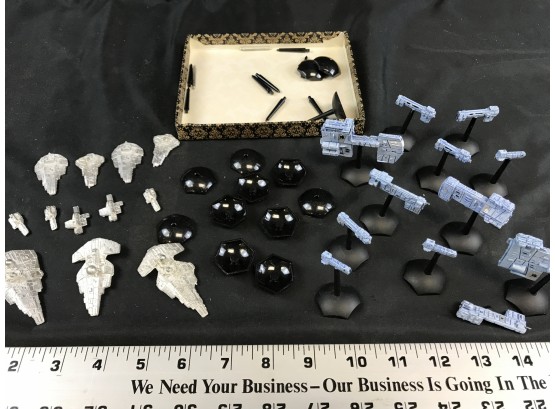 Game - Lot Of Metal Spaceship Pieces With Stands, Silver And Blue