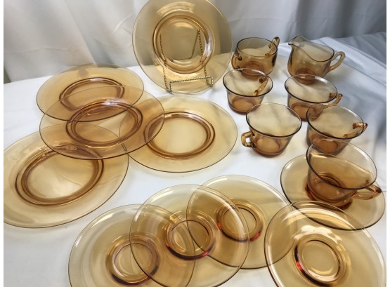 Cambridge Amber Glass,  5 Plates, 5 Cups And Saucers, Cream And Sugar Bowl