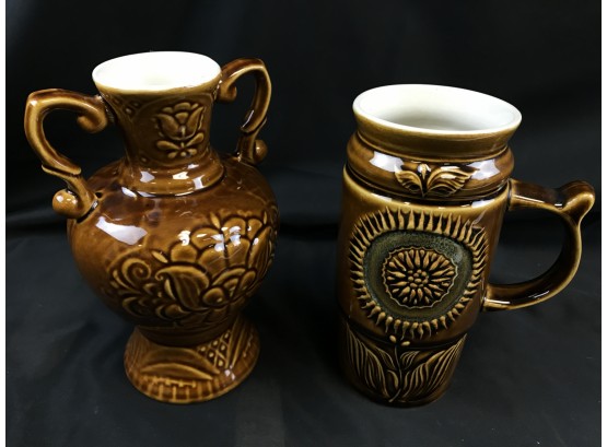 Ceramic Mug And Vase With Flower Motif, Unknown Maker Mark