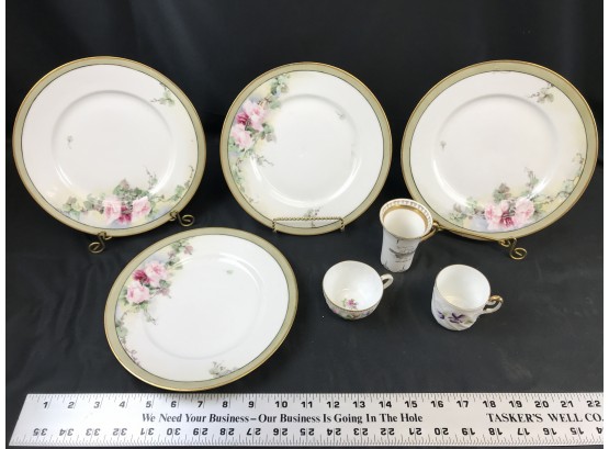 4 Bavarian Plates Green Band With Floral Pattern, Three Small Cups