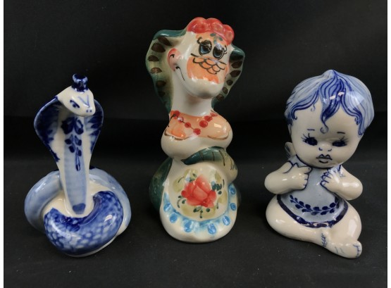 3 Original Russian Porcelain Gzhel. Small Mini Figurines Hand Painted Snake Baby