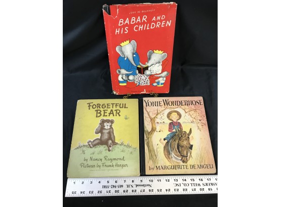 3 Vintage Childrens Books, Forgetful Bear 1943, Babar And His Children 1938, Yonie Wondernose 1944