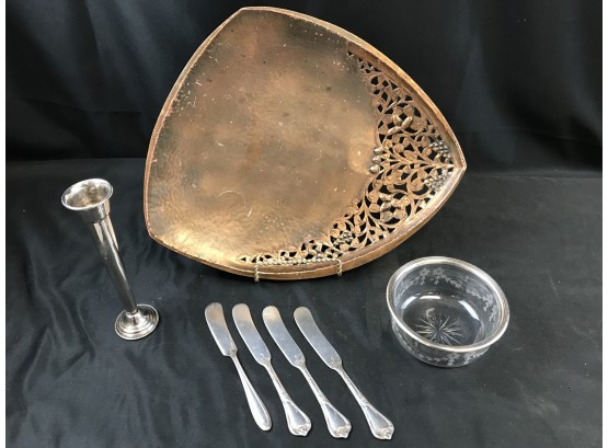 Metal Lot - Sterling Rim Bowl, Silver Plate Gorham Bud Vase, Silver Plate Reed And Barton Butter Spreaders