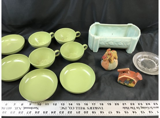 Lot Of Miscellaneous Items, Plastic Cups And Plates, Planter, Pin Cushion Made In Japan