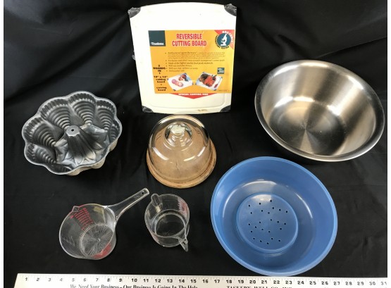 Assorted Items, Bundt Cake Pan, Large Dog Dish, Cutting Board, Measuring Cups, Glass Cover Wood Base