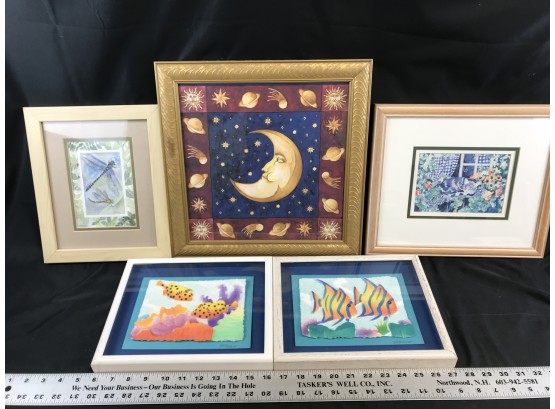 5 Prints In Frames, Dragonfly, Cat, Fish, Moon