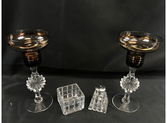 2 Glass Candleholders, And Salt And Pepper Holders