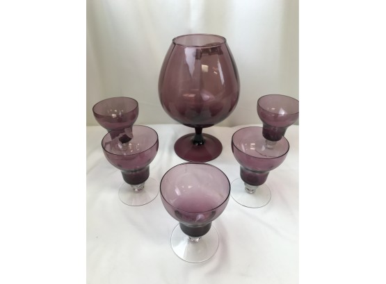 5 Amethyst Wine Glasses/sherbet With Clear Wafer Stems, Amethyst Large Sniffer