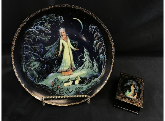 Russian Snowmaiden Plate & Lacquer Box, 1990 Bradford Exchange Princess Bradex
