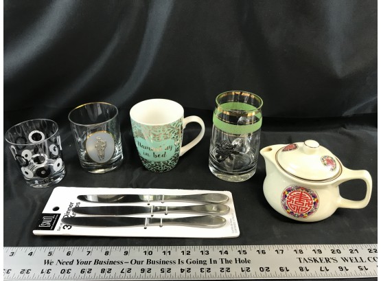 Miscellaneous Lot Of Glass Cups, Mugs, Teapot, Dinner Knives