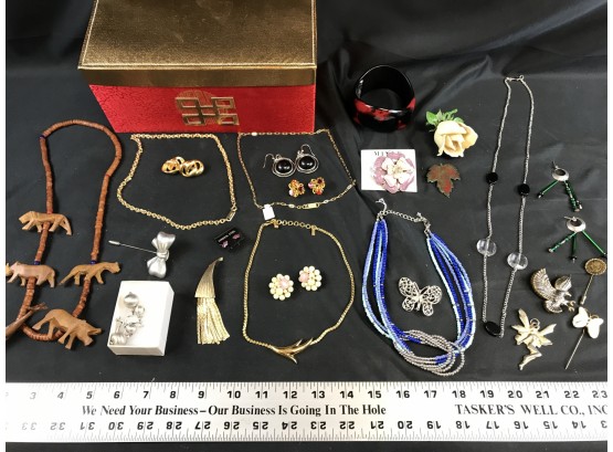 Lot Of Costume Jewelry With Box, Monet Necklace, 1960s Napier Earrings, Pins, See Pics