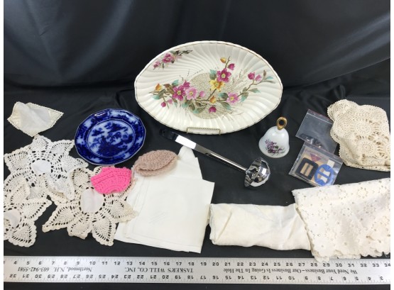 Miscellaneous Lot, Handpainted Bell, 1830s Flo Blue Plate, Victorian Buttons, Belt Slides, Vintage Crocheted D