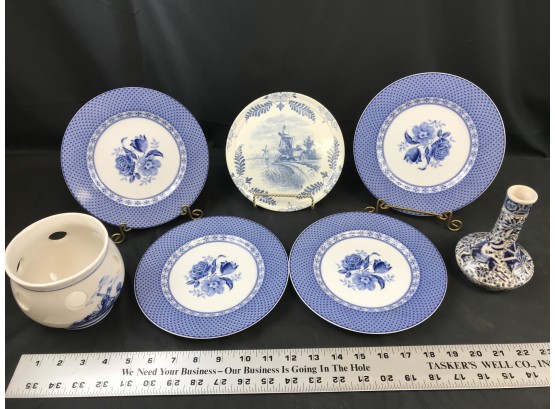 4 Salad Plates, Delft Trivet, Delft Bulb Starter, Greek Blue Enamel Vase  With Deer