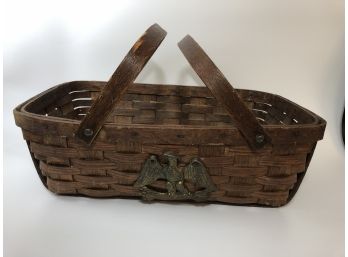 Vintage Splint Wood Woven Basket/  Brass Eagle