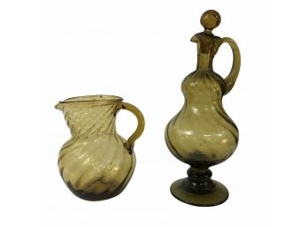2 Olive Green Blown Glass Pieces With Rough Pontil