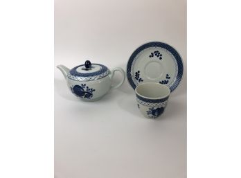 Royal Copenhagen Tranquebar Blue Lattice Band Teapot/ Cup & Saucer